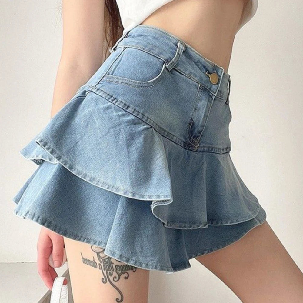 Vintage Ruffle Slim FitJean Denim Shorts High Waist Skirt