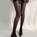 Women's Chain Hollowed-out Tights Black Sexy See Through Jacquard American Retro Style Mesh Breathable Lace Fishnet Pantyhose