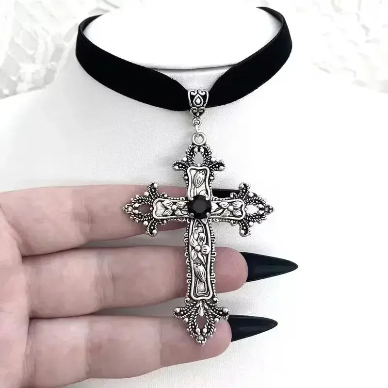 Gothic Cross Choker Necklace Black Rhinestone Victorian Style