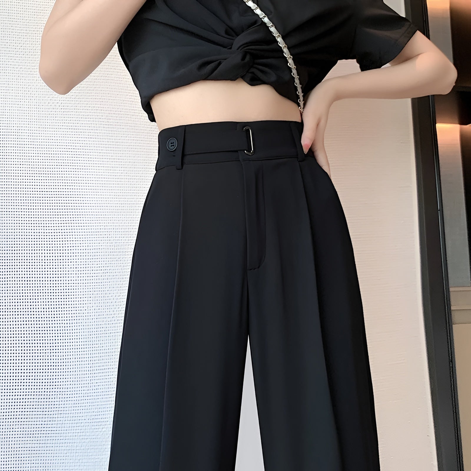Women Wide Leg Pants High Waist Loose Fit Solid Color Casual Office Trousers
