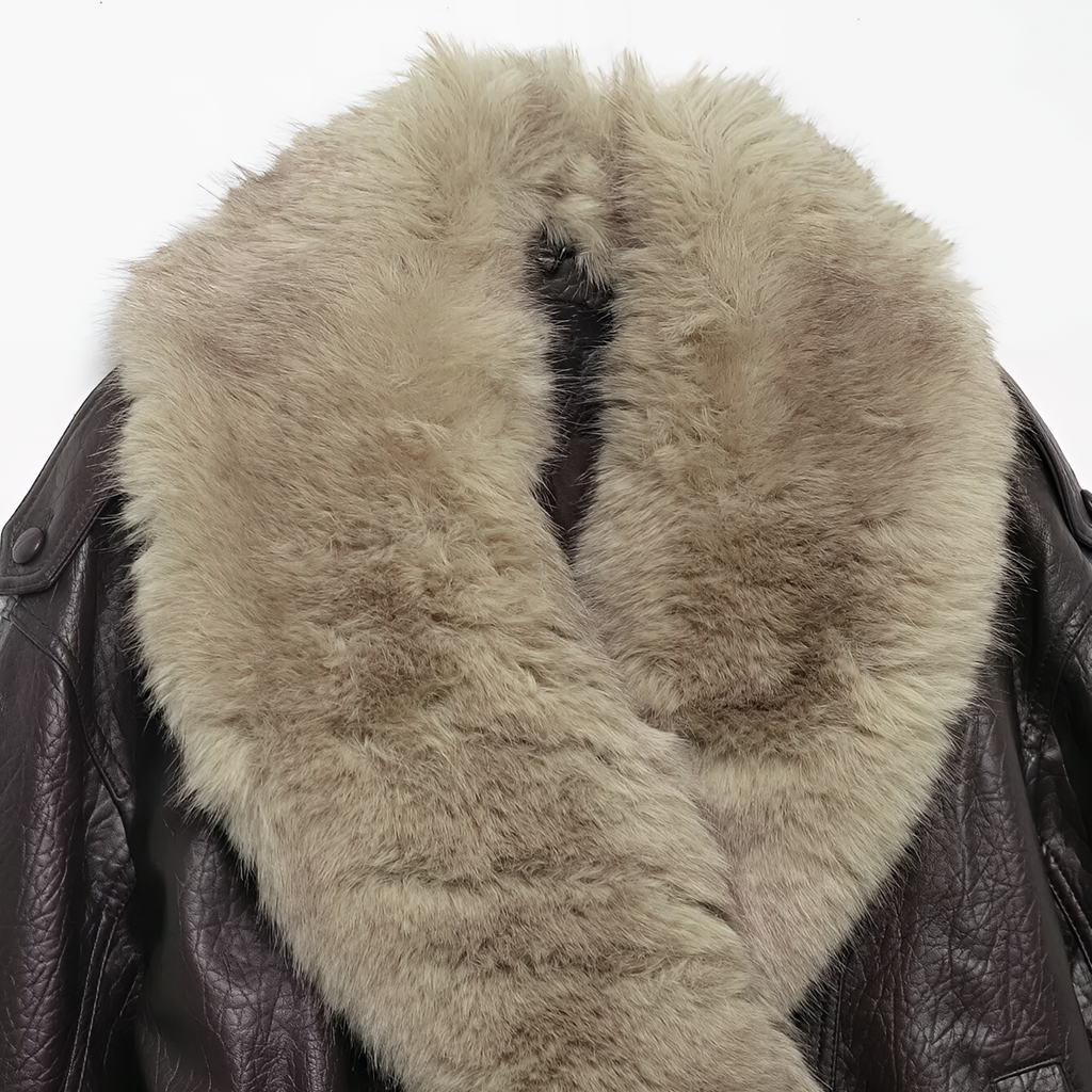 Oversized Faux Leather Jacket Removable Fur Collar Double Breasted Winter Coat