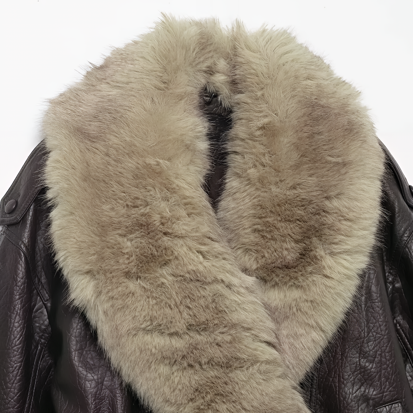 Oversized Faux Leather Jacket Removable Fur Collar Double Breasted Winter Coat