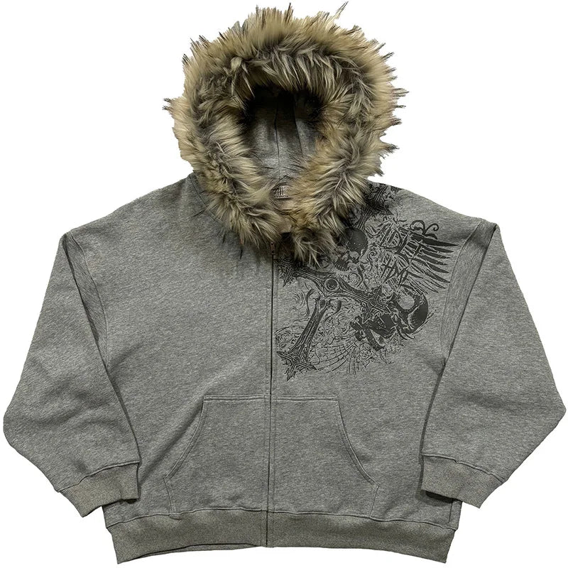 Sweat à capuche zippé Y2K Harajuku avec col en fausse fourrure