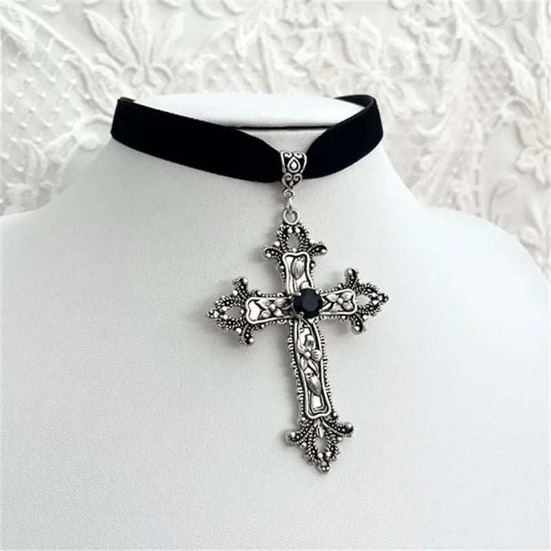 Gothic Cross Choker Necklace Black Rhinestone Victorian Style