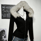 Sweat à capuche slim Y2K Gothique Harajuku Avec Col en fourrure