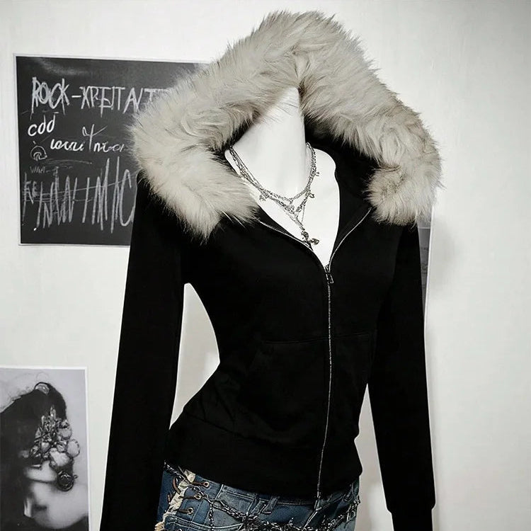 Y2K Gothic Harajuku Slim Hoodie with Fur Collar