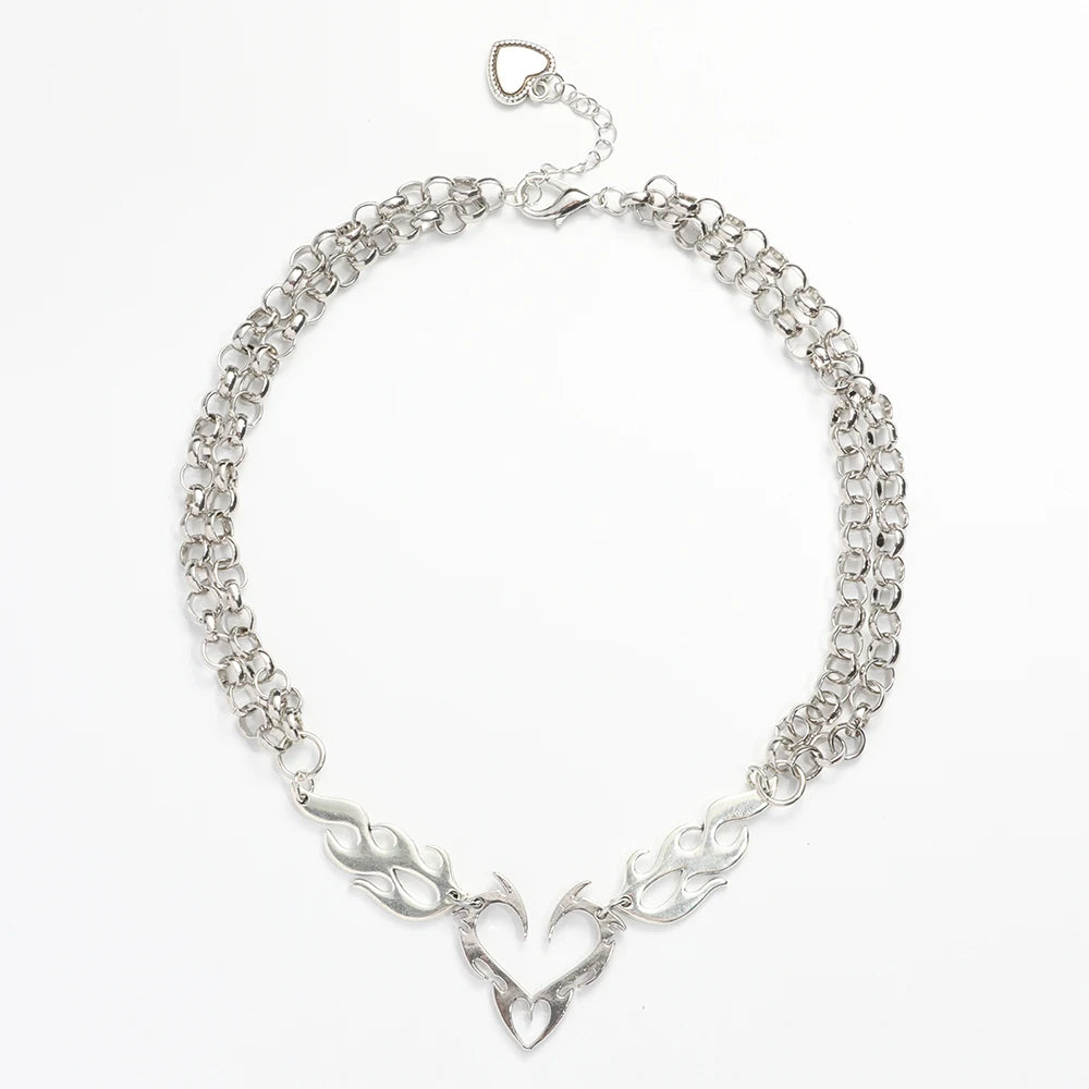 Y2K Flame Heart Pendant Necklace Punk Silver Tone