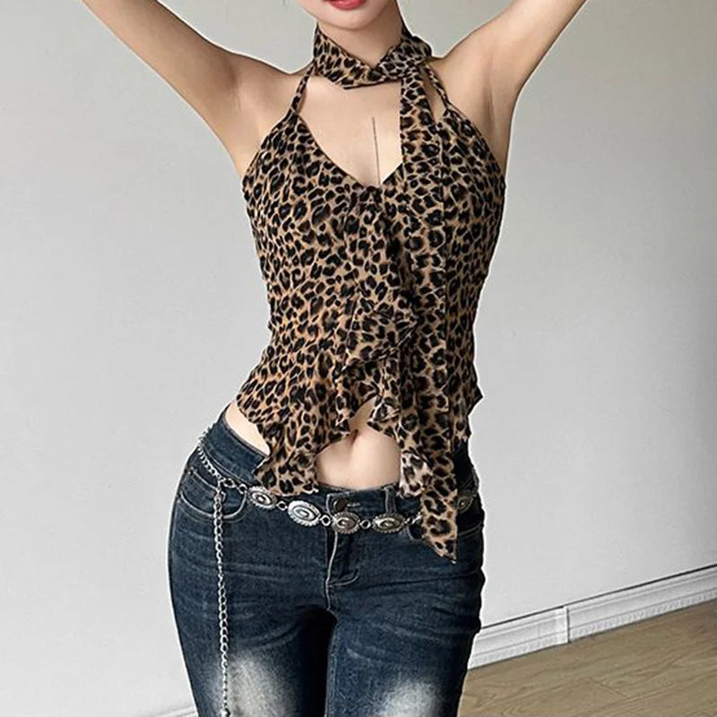 Leopard Halter Tank Top Women Lace Up Slim Fit Ruffled Summer Camisole