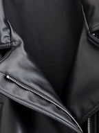 Black Faux Leather Trench Coat Belted Long Sleeve Lapel Vintage Motorcycle Jacket Outerwear