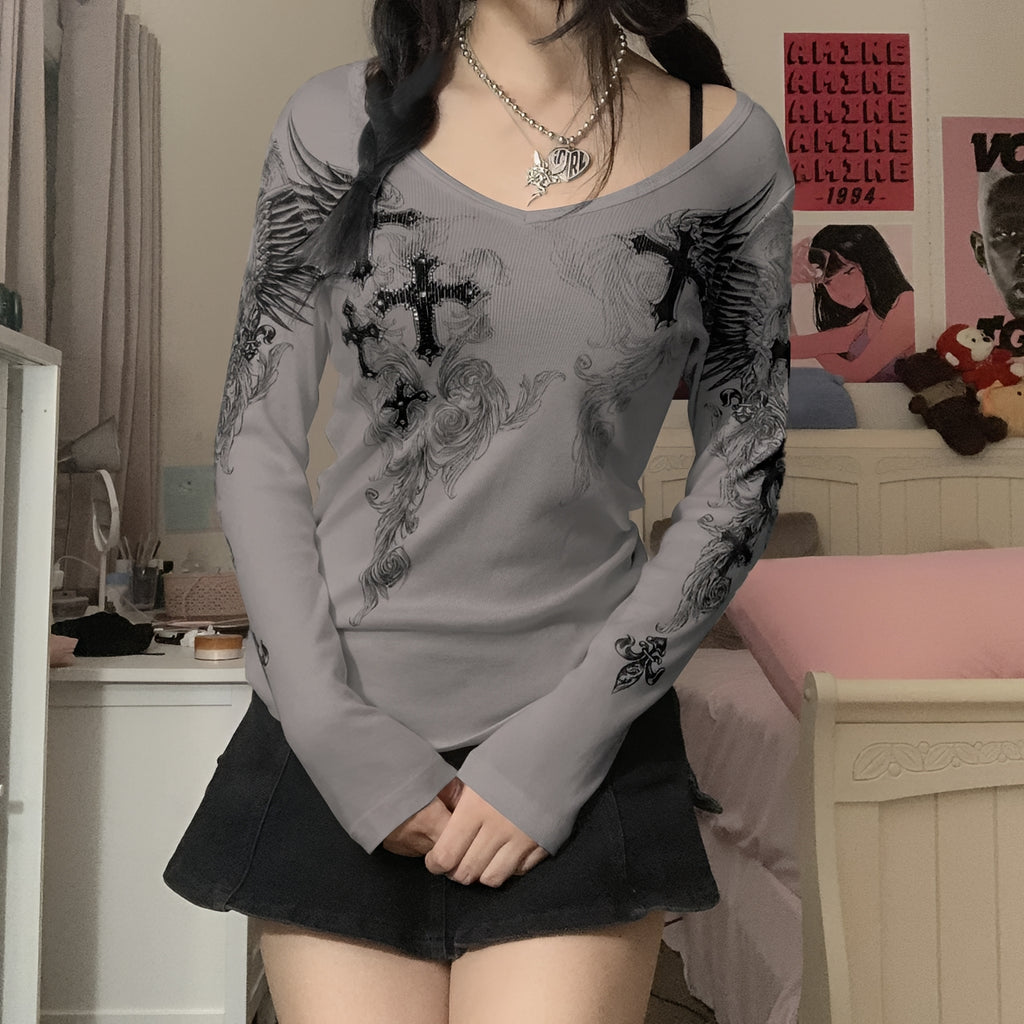 Grunge Cross Wings Graphic Long Sleeve T-Shirt Harajuku Punk Streetwear