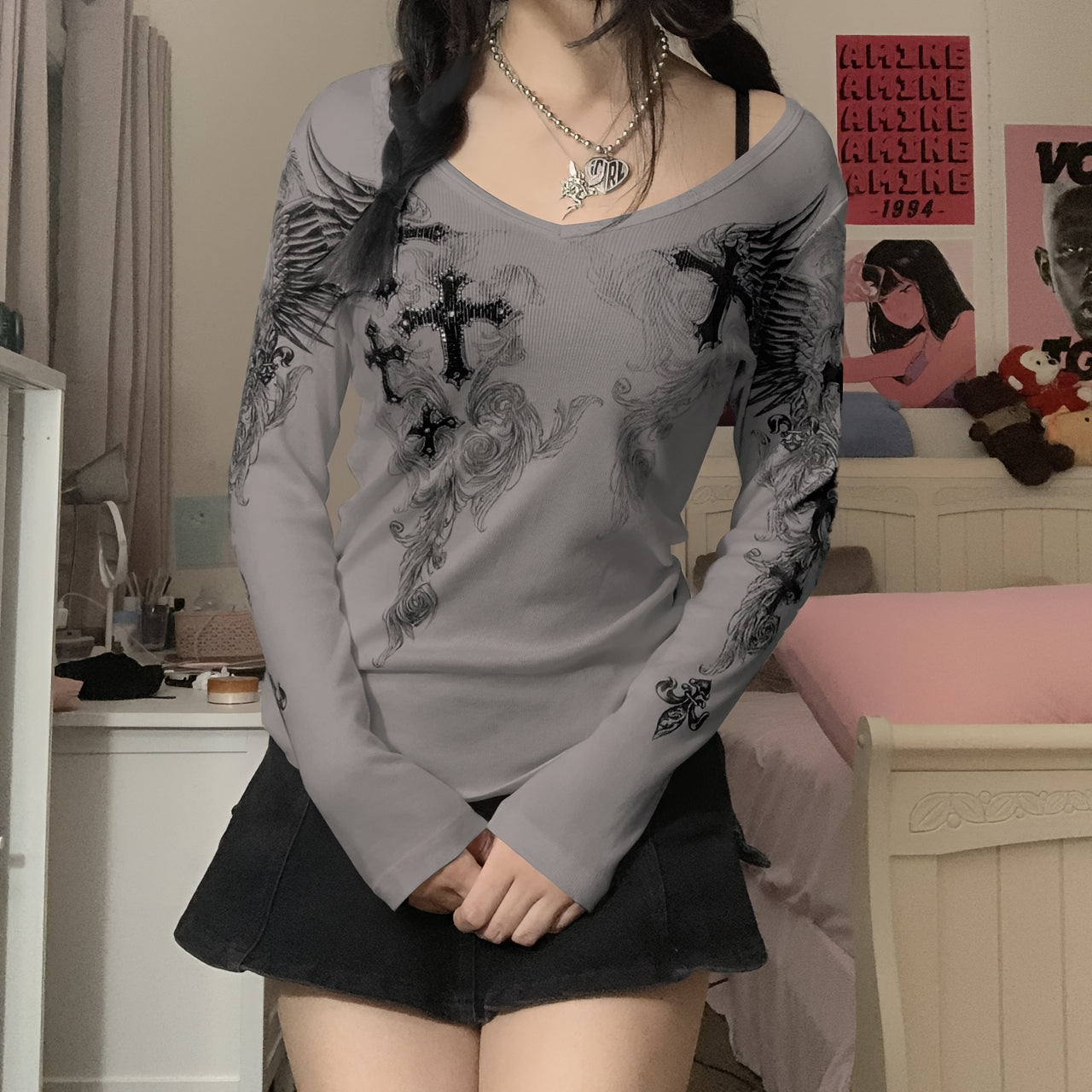 Grunge Cross Wings Graphic Long Sleeve T-Shirt Harajuku Punk Streetwear