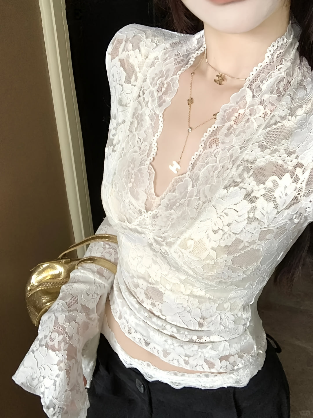 Sheer V-Neck Flare Sleeve Lace Top Slim Fit Party Clubwear Tee
