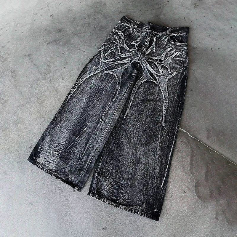 Jeans Baggy Unisexe Y2K Broderie Gothique Araignée Streetwear Denim