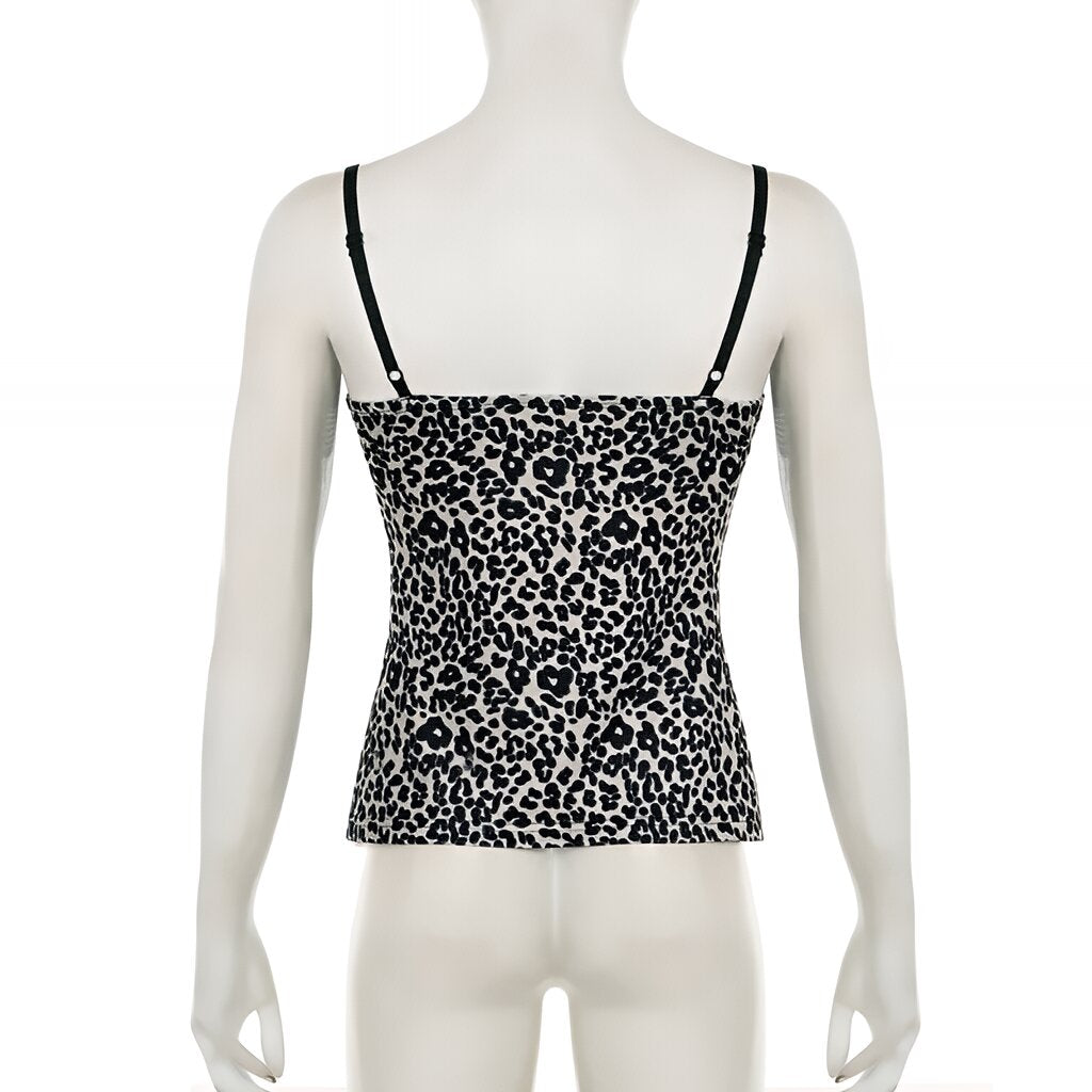 Leopard Print Lace Patchwork Camisole V-Neck Spaghetti Strap Top