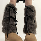 Plush Leg Warmers Ribbon Bow Boot Cuffs Harajuku Winter Boot Covers