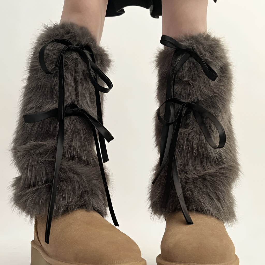 Plush Leg Warmers Ribbon Bow Boot Cuffs Harajuku Winter Boot Covers
