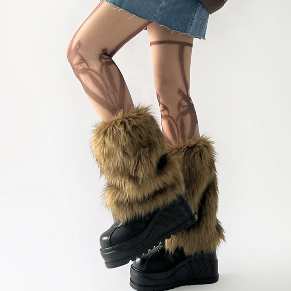 Faux Fur Leg Warmers Hot Girl Harajuku Winter Warm Furry Boots Cover Socks Women Jk Punk Hiphop Cosplay Accessories