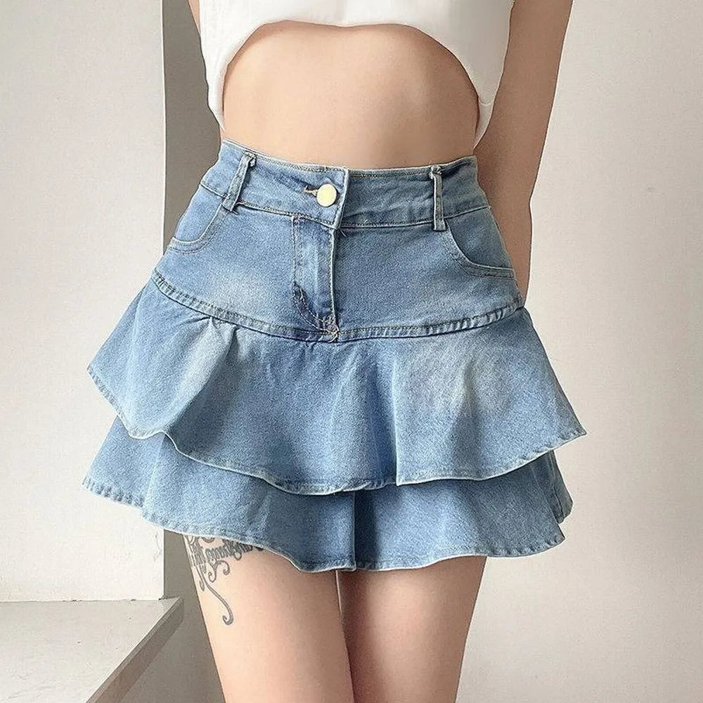 Vintage Ruffle Slim FitJean Denim Shorts High Waist Skirt