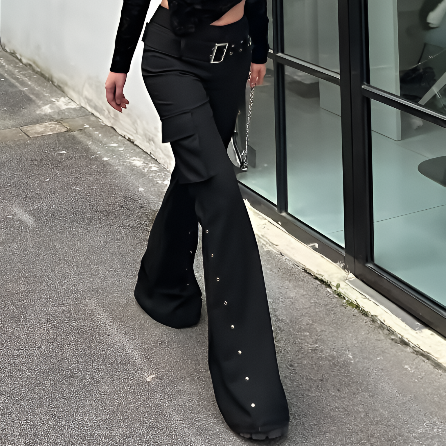 Women Y2K Gothic Low Waist Flared Pants Black Rivet Detail Harajuku Style