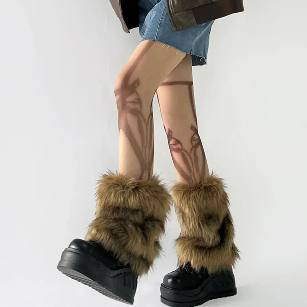 Faux Fur Leg Warmers Hot Girl Harajuku Winter Warm Furry Boots Cover Socks Women Jk Punk Hiphop Cosplay Accessories