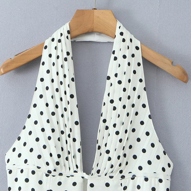 Robe Mini-Rétro Femme Française à Pois Dos Nu Col Halter Col V Profond Coupe Ajustée Évasée Élégante d'Été