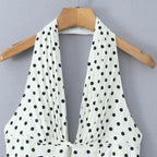Robe Mini-Rétro Femme Française à Pois Dos Nu Col Halter Col V Profond Coupe Ajustée Évasée Élégante d'Été
