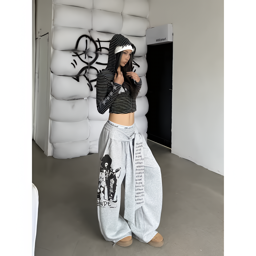 Women Gothic Y2K Letter Print Baggy Sweatpants Gray Wide Leg Harajuku Vintage Trousers