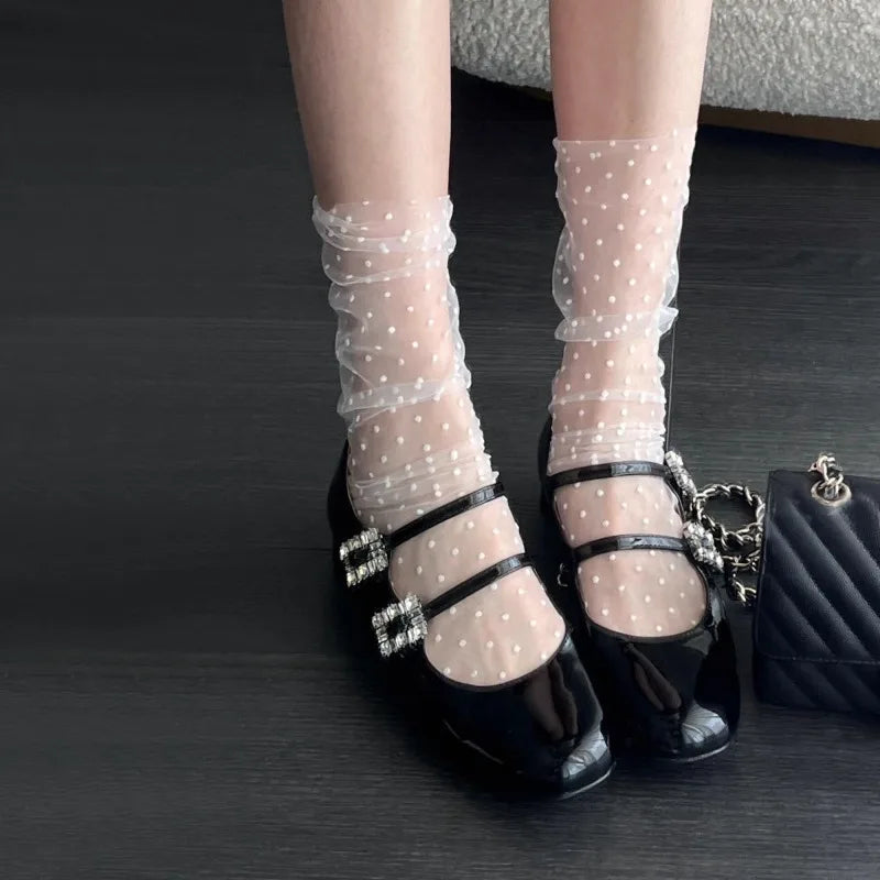 Sexy Transparent Polka Dot Lace Socks Women Thin Nylon Silk Sheer Stacked Socks French Style Elegant Femme JK Lolita White Socks