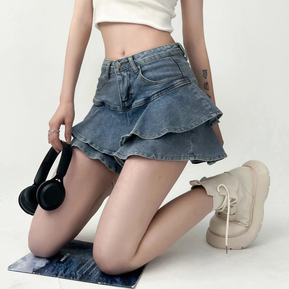 Vintage Ruffle Slim FitJean Denim Shorts High Waist Skirt