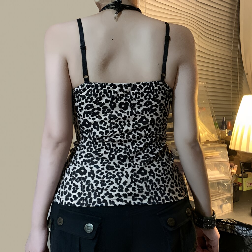 Leopard Print Lace Patchwork Camisole V-Neck Spaghetti Strap Top