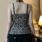 Leopard Print Lace Patchwork Camisole V-Neck Spaghetti Strap Top