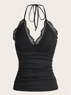 Débardeur Femme Gothique en Dentelle Patchwork Col Halter Froncé Dos Nu sans Manches