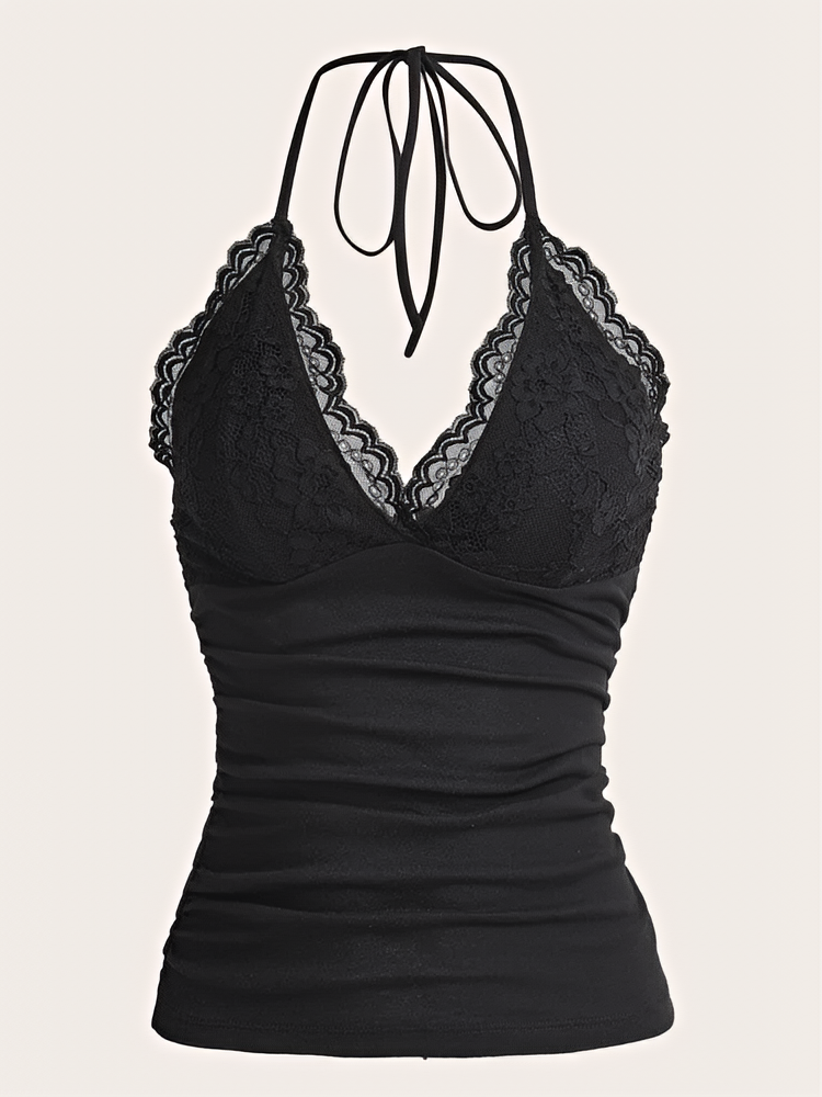 Women Gothic Lace Patchwork Halter Top Ruched Backless Sleeveless Y2K Streetwear Tank