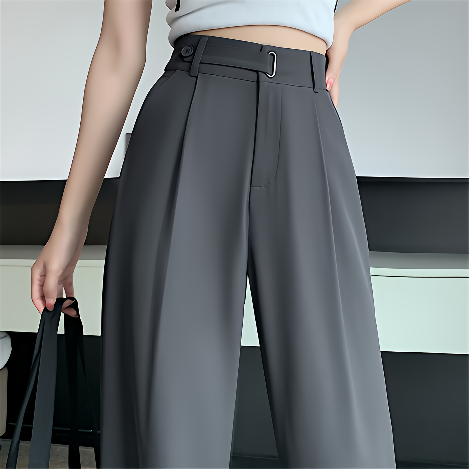Women Wide Leg Pants High Waist Loose Fit Solid Color Casual Office Trousers