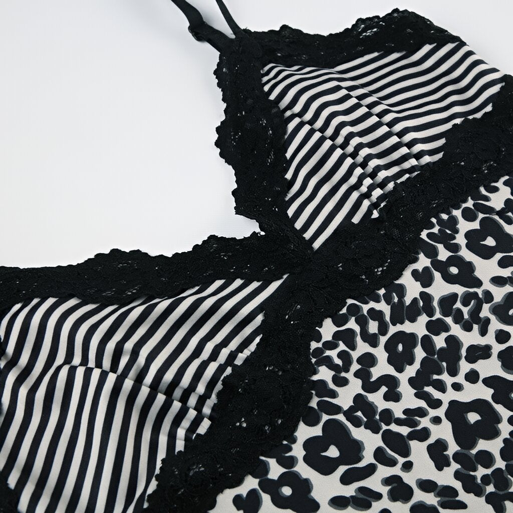 Leopard Print Lace Patchwork Camisole V-Neck Spaghetti Strap Top
