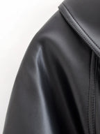 Black Faux Leather Trench Coat Belted Long Sleeve Lapel Vintage Motorcycle Jacket Outerwear