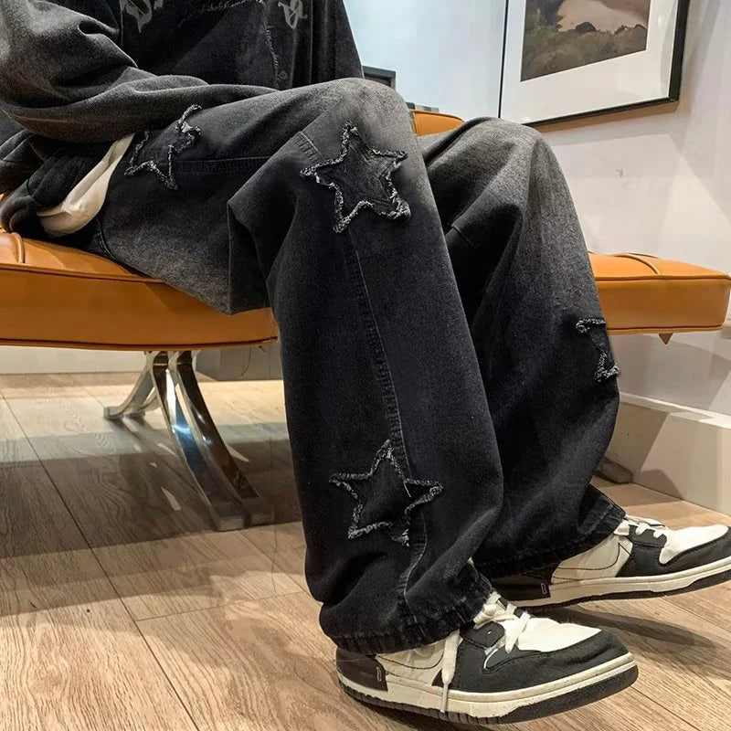 Gothic Star Embroidery Wide-Leg Men’s Streetwear Denim
