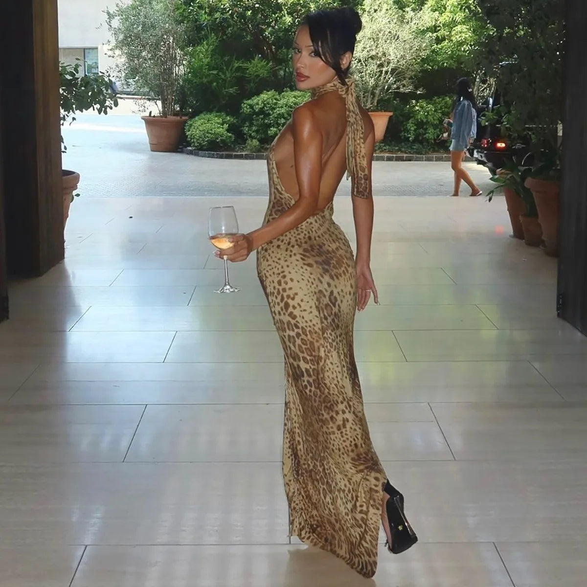 Sexy Leopard Halter Backless Maxi Dress