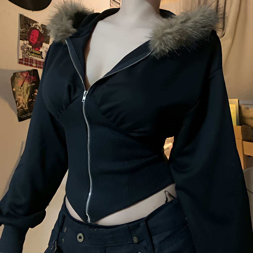 Women Gothic Faux Fur Hooded Coat Slim Fit Zip Jacket Autumn Winter Streetwear