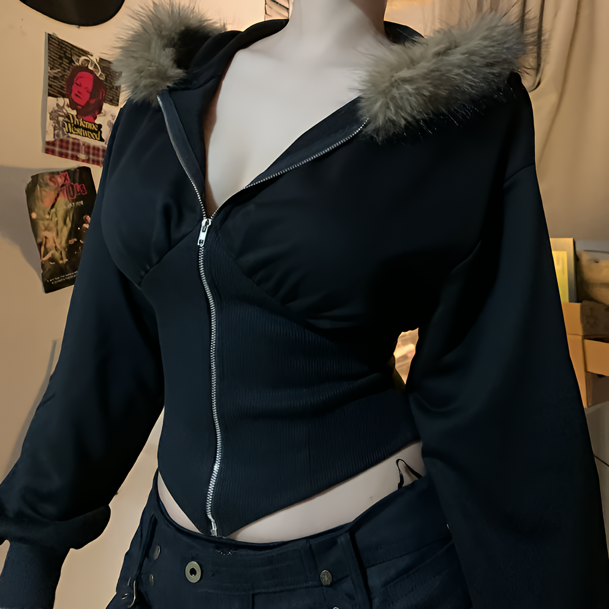 Women Gothic Faux Fur Hooded Coat Slim Fit Zip Jacket Autumn Winter Streetwear