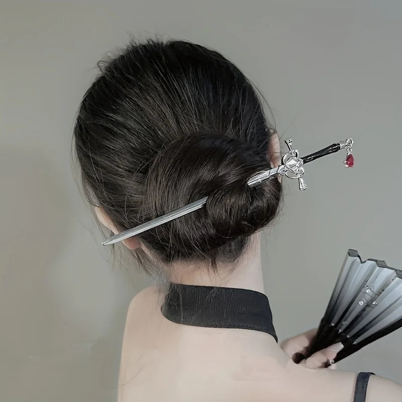 Creative Sword-Shaped Ruby Hairpin, Retro Chinese Style, Perfect For Women Who Enjoy Traditional Chinese Culture And Hanfu.