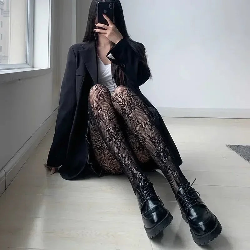 Women Sexy Black White Lolita Hollowed Lace Mesh Stockings Bottomed Pantyhose Japanese Goth Floral Rattan Hot Classic Tights