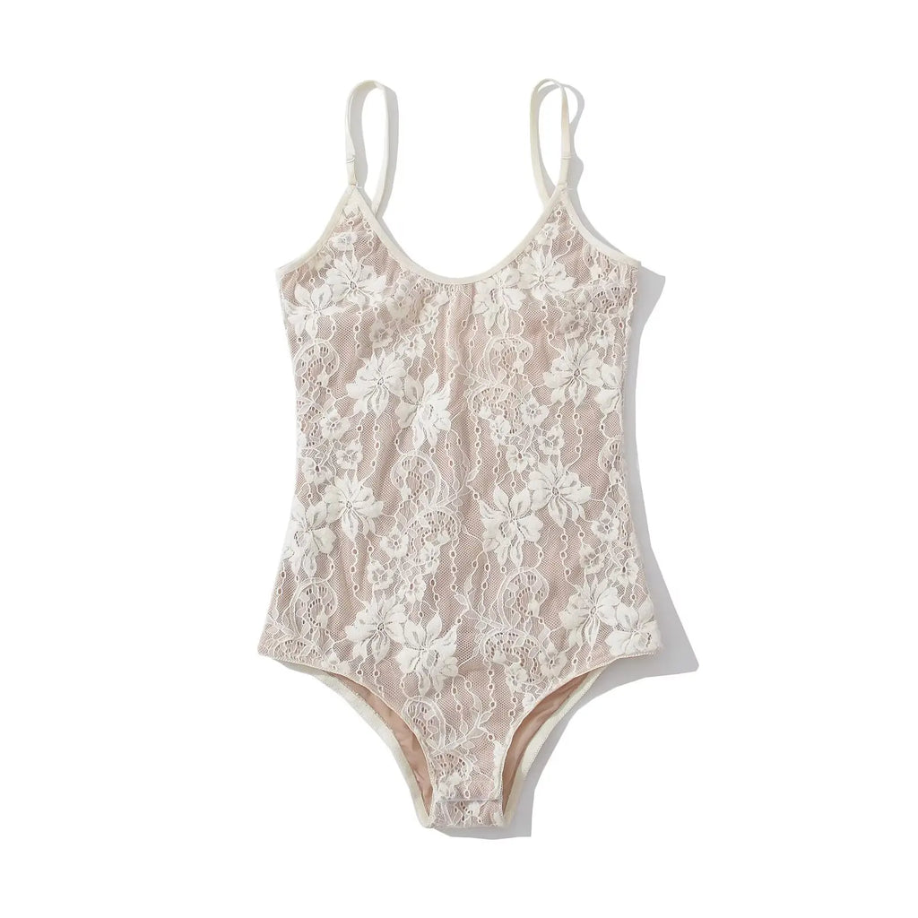 Sexy See Through Lace With Lining Backless Spaghetti Strap Bodysuit Woman Sling Tight Short Jumpsuit Slim fit Rompers Playsuits