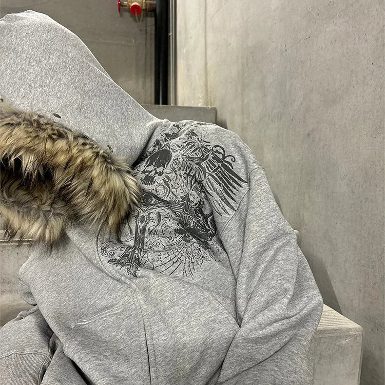 Y2K Harajuku Faux Fur Collar Zip-Up Hoodie