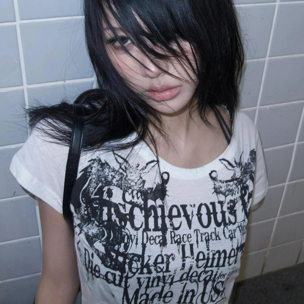 T-shirt imprimé lettres Y2K japonais Style Harajuku Grunge Goth vintage