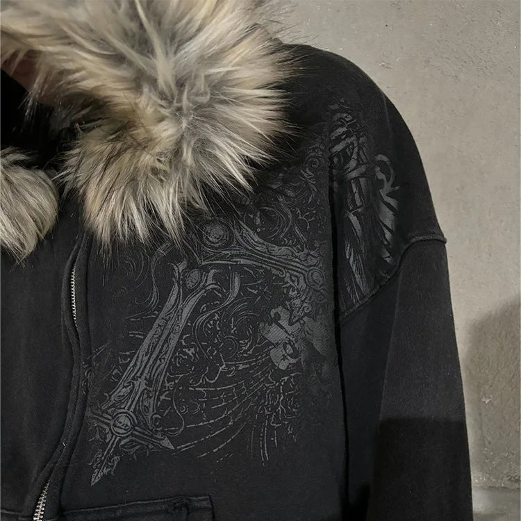 Y2K Harajuku Faux Fur Collar Zip-Up Hoodie