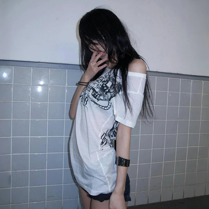 Japanese Y2K Letter Print T Shirt Vintage Harajuku Grunge Goth Style