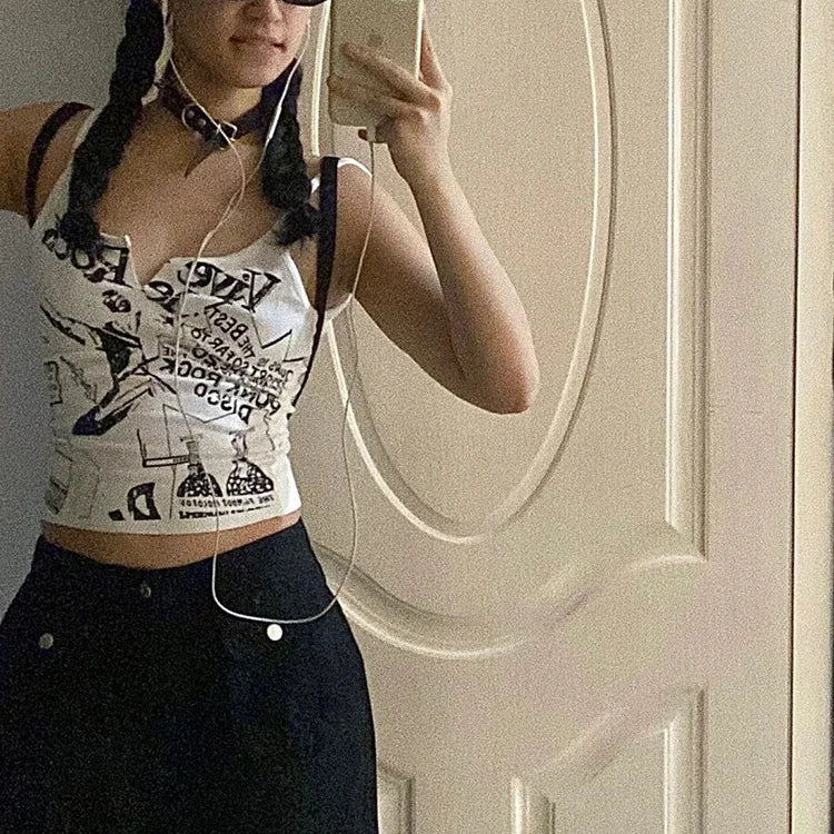 Punk Print Tank Top Women Ribbed Knit Sleeveless Crop Top Summer Grunge