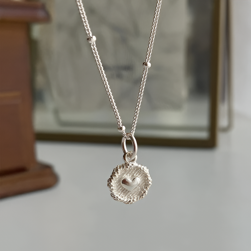 925 Sterling Silver Heart Bead Necklace Double Sided Love Pendant