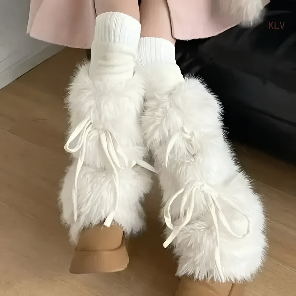 Plush Leg Warmers Ribbon Bow Boot Cuffs Harajuku Winter Boot Covers